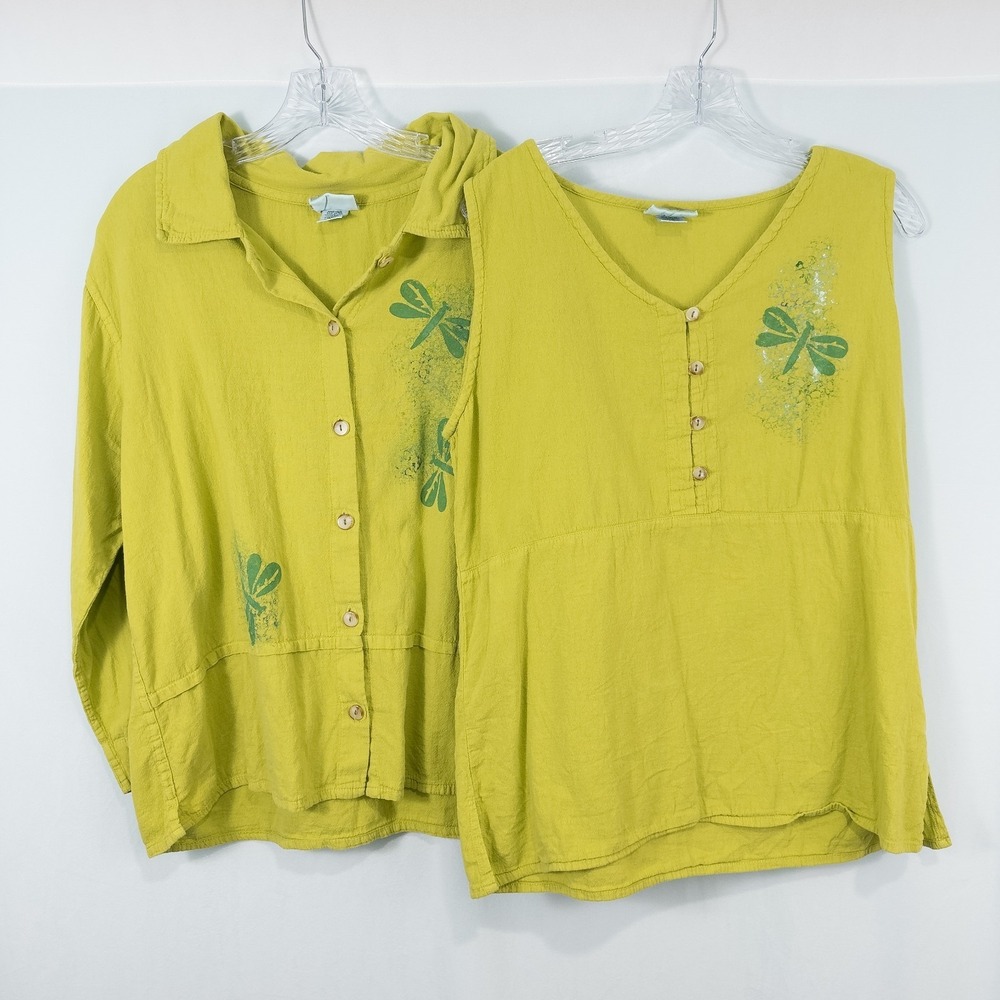 Eucalyptus Hand Made Painted Dragonfly Cotton Shirt Set Womens Large Chartreuse
